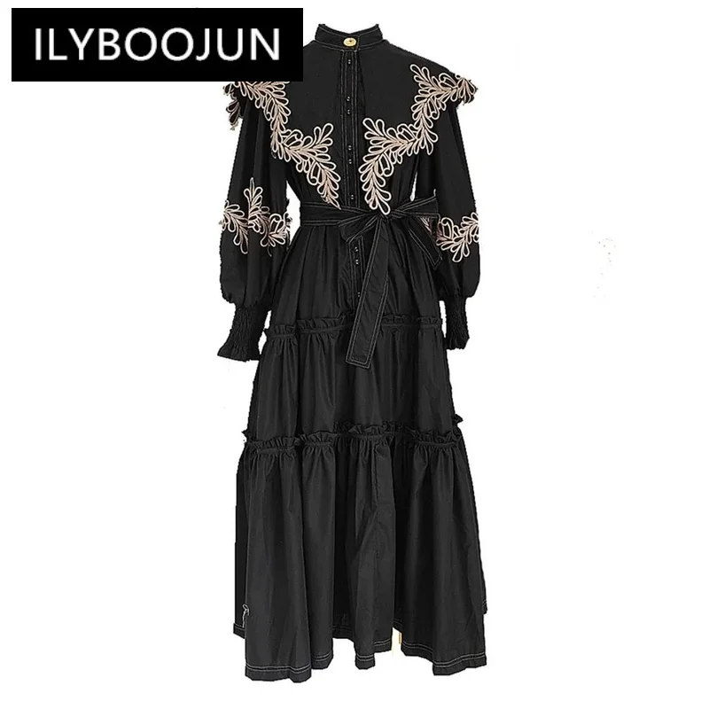 

Embroidered Cape Style Lantern Sleeve Dresses For Women Long Sleeve High Waist Causal Loose Elegant Dress Female 3WQ9225