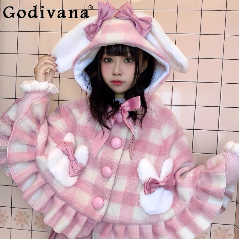 

Японский милый мягкий клетчатый плащ с капюшоном в стиле Лолиты для девочек, осень-зима, новые женские милые кроличьи уши, кавайные короткие накидки, пончо Y2k