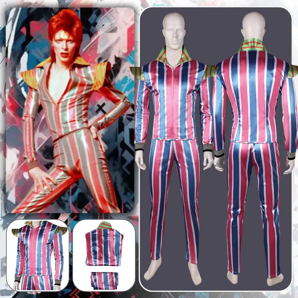 

David Cosplay Fantasia Blue Pink Striped Set Ziggy Cosplay Costume Disguise For Men Male Adult Halloween Carnival Party Suit