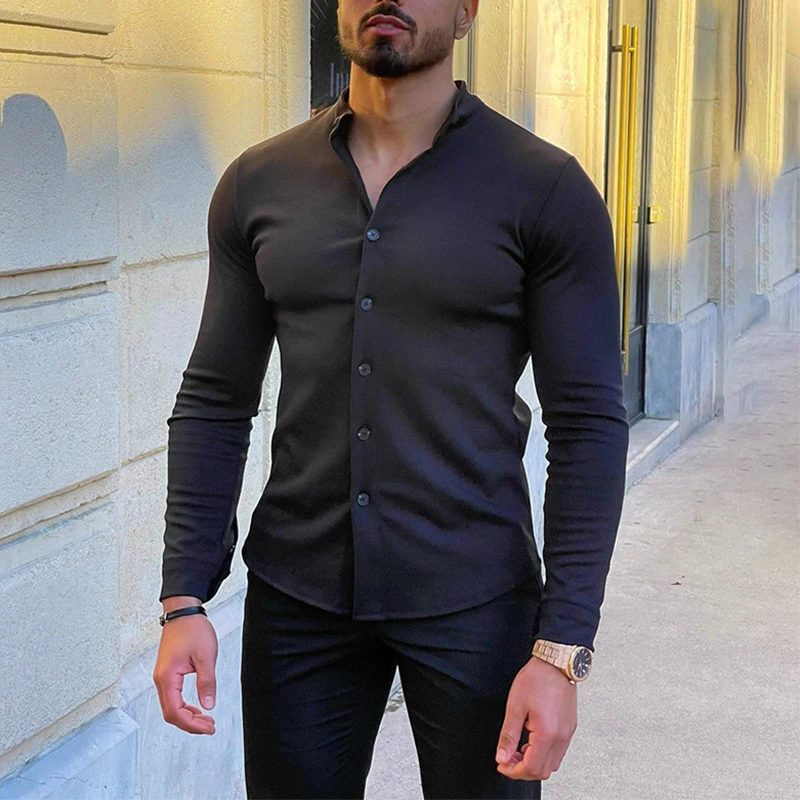 2026 Spring Autumn Casual Mens Slim Shirts Vintage Turn-down Collar Buttoned Long Sleeve Shirt Men Fashion Solid Color Cardigan