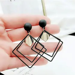 Trendy Black Double Layer Hollow Out Rhombus Drop Earrings for Women Party Geometry Round Metal Dangle Earrings Simple Jewelry