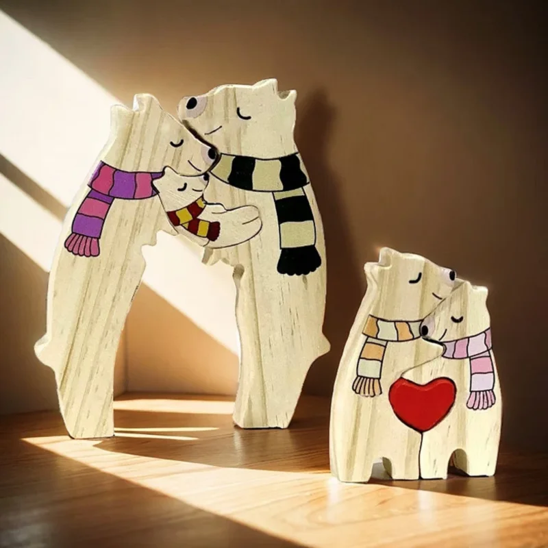 Colorful Wooden Bear Family Puzzle With Scarf Animal Figurines Home Decor Family Keepsake Gift For Parents Valentine's Day Gifts