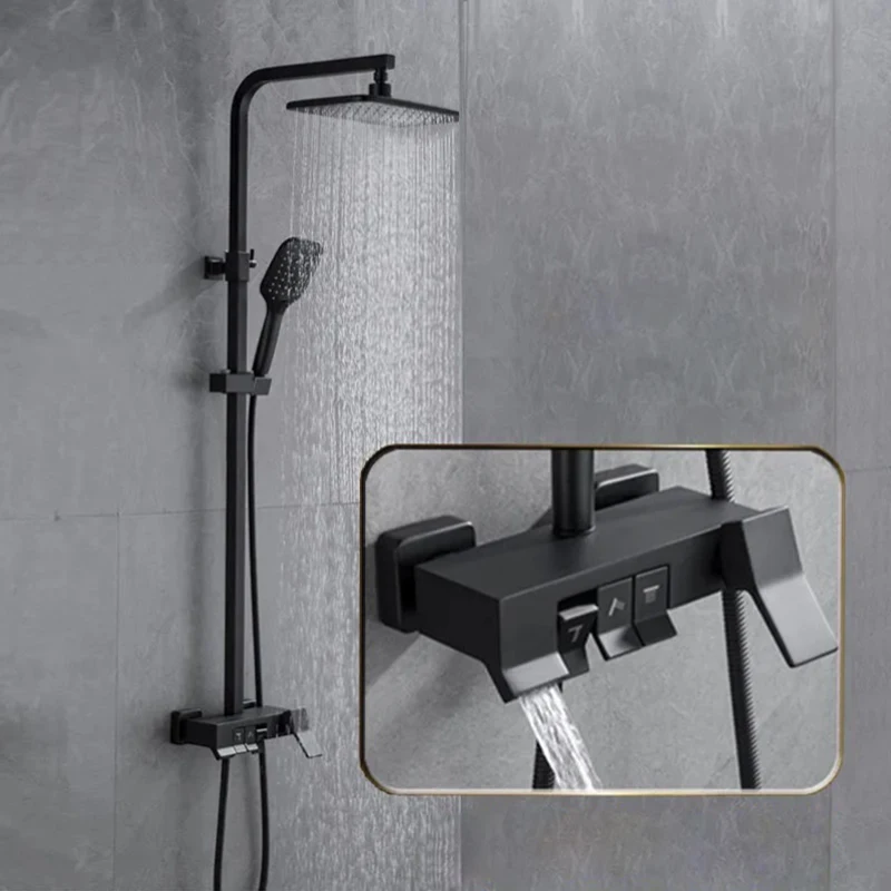 Modern matt black wall mounted brass piano key shower set bathroom rain bath shower set