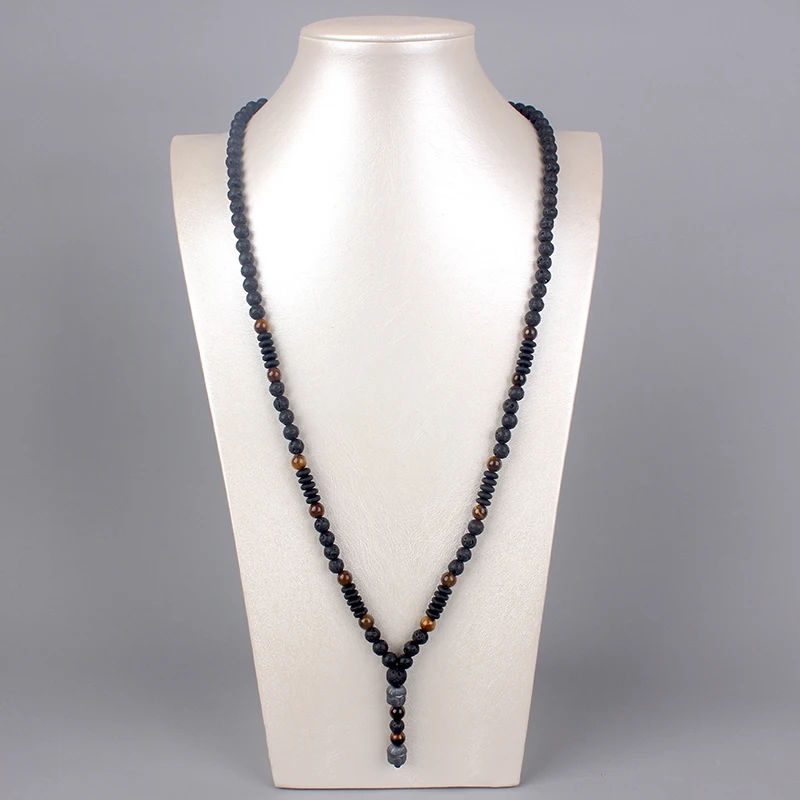 6mm Lava Stone Tiger-eye Beaded Necklace for Men and Women with Buddha Head Pendant