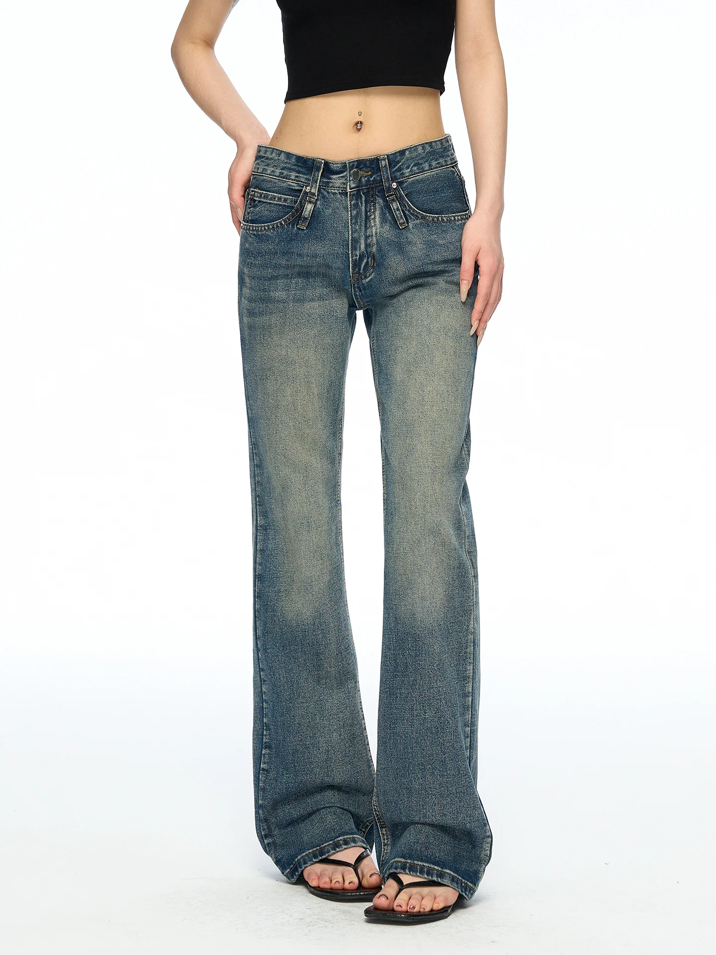 Aaisup American Retro Washed Bell Bottom Jeans Women Summer Design Worn Look Slimming Versatile Wide Leg Pants