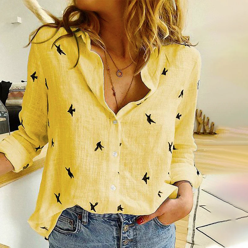 Casual Womens Tops And Shirts Solid White Turn Down Collar Long Sleeve Female Tunic 2023 Autumn Flower Prints Blouses Clothes