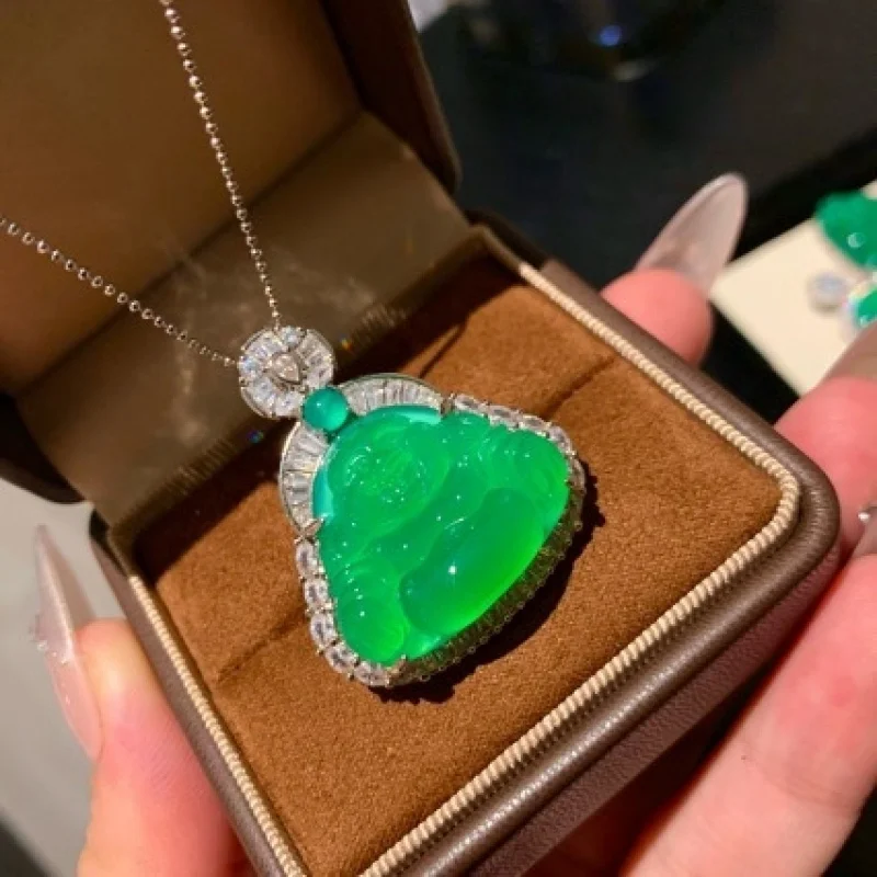 Ice Sun-Green Buddha [Jadeite Color] Chalcedony Pendant from Myanmar Old Mine, Natural Grade A, Authentic Jade B