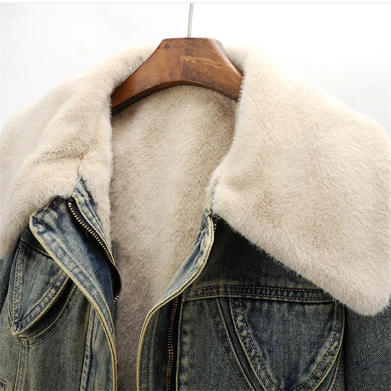 Faux Mink Cashmere Big Turndown Collar Denim Jacket Women Cowboy Outerwear Winter Thick Vintage Loose Short Jeans Jacket Female