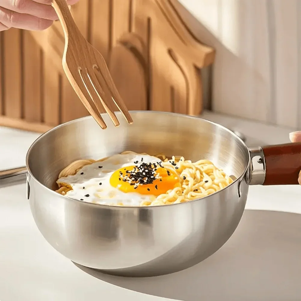 

Compact Stainless Steel Frying Pan With Wooden Handle For Cooking Including Frying Eggs For Melting Butter Diameter 15cm