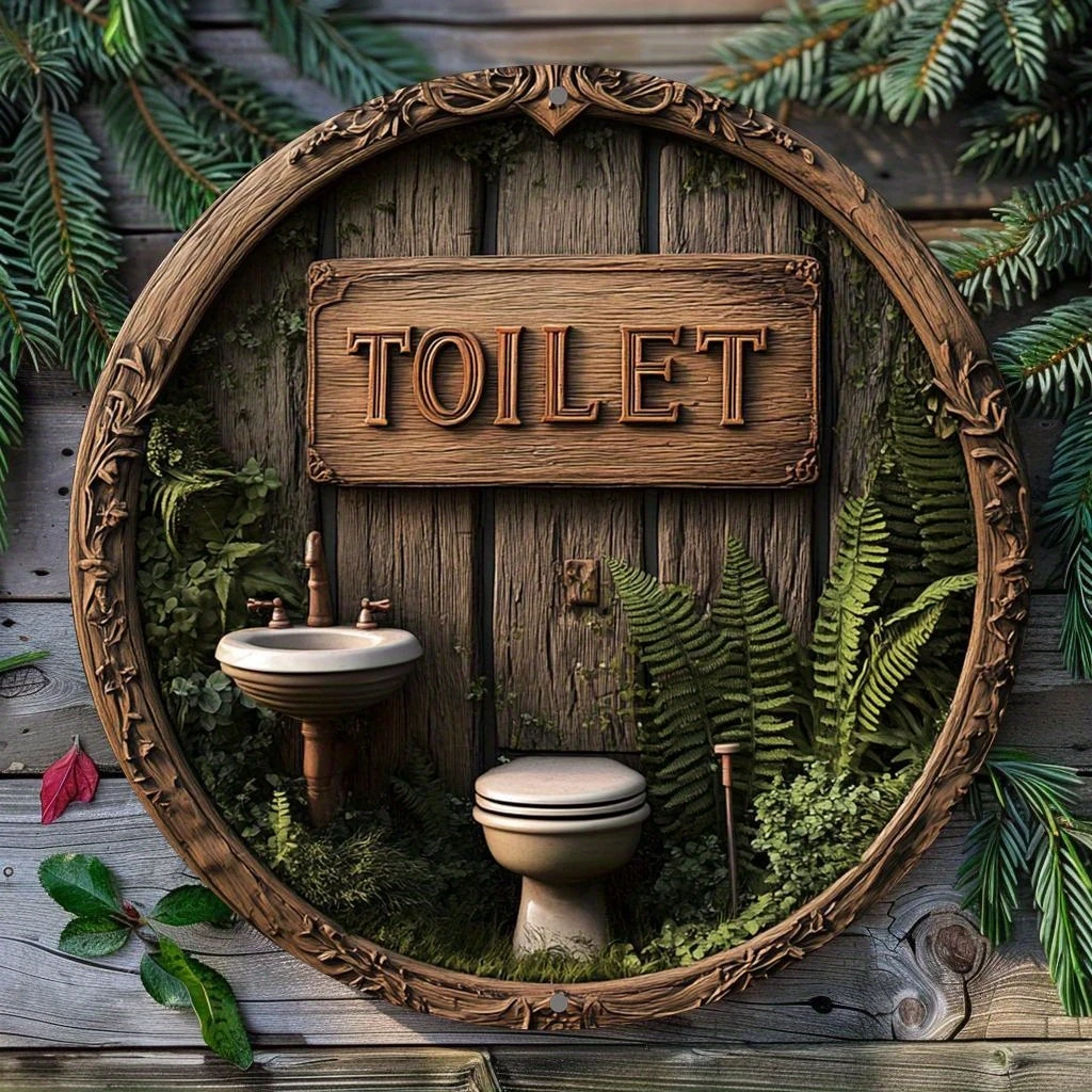 2D 8in جولة لافتة خشبية المرحاض ديكورا الحمام مطعم مقهى مركز تسوق بار - الخشب الحبوب تصميم موجه المجلس