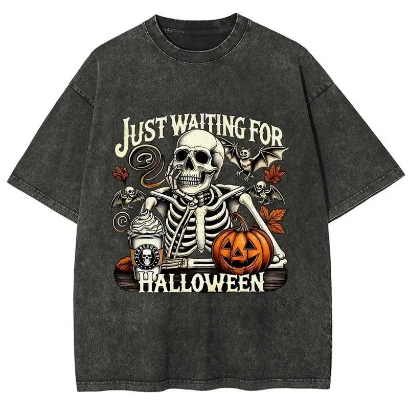 

Vintage Halloween T-shirt Just Waiting for Halloween Slogan Tee Funny Skeleton Graphic Top Pumpkin Spice Coffee Print
