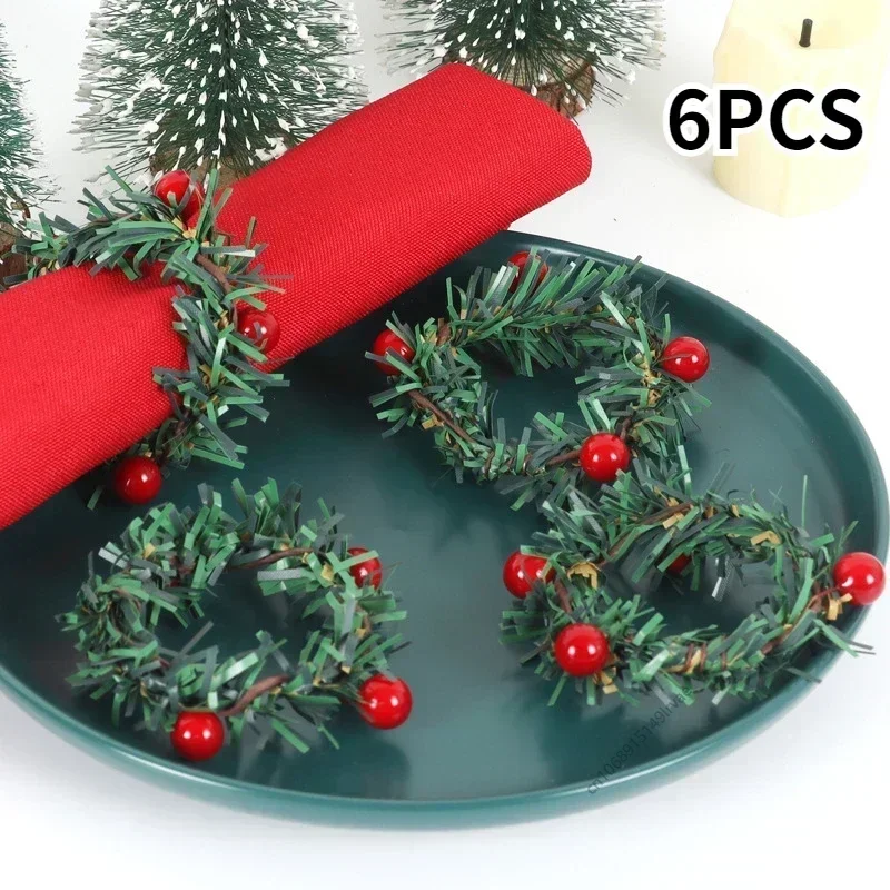 메리 크리스마스 레드 베리 소나무 바늘 화환 디자인 냅킨 링, 크리스마스 테이블 데코 2024, 크리스마스 나비다드 파티 용품, 4 개, 6 개, 12 개