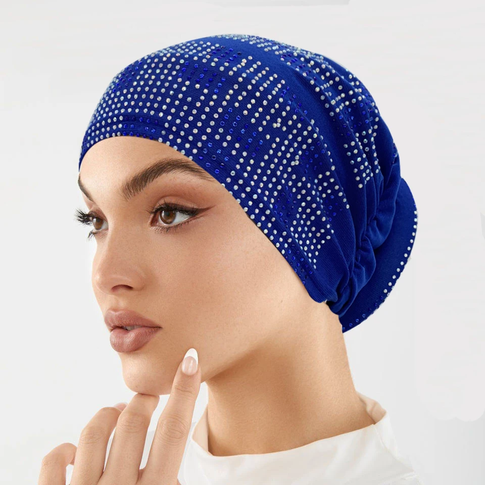 Boné de Turbante Glitter Diamantes para Mulheres, Envoltório Elástico na Cabeça Muçulmano, Lenço Feminino, Lady Bonnet, Gorro, Chapéu de Festa,