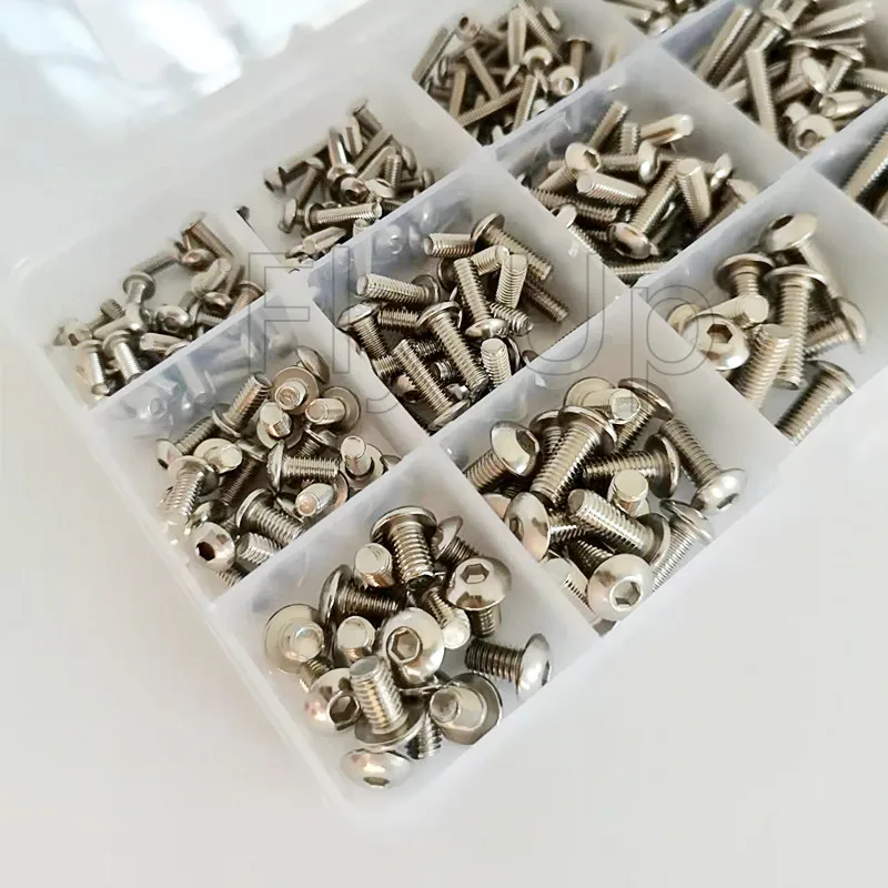 500PCS  M3 M4 M5 304 Stainless Steel Allen Hexagon Hex Socket Button Round Head Screw Bolt Nut Washer Set Kit Box