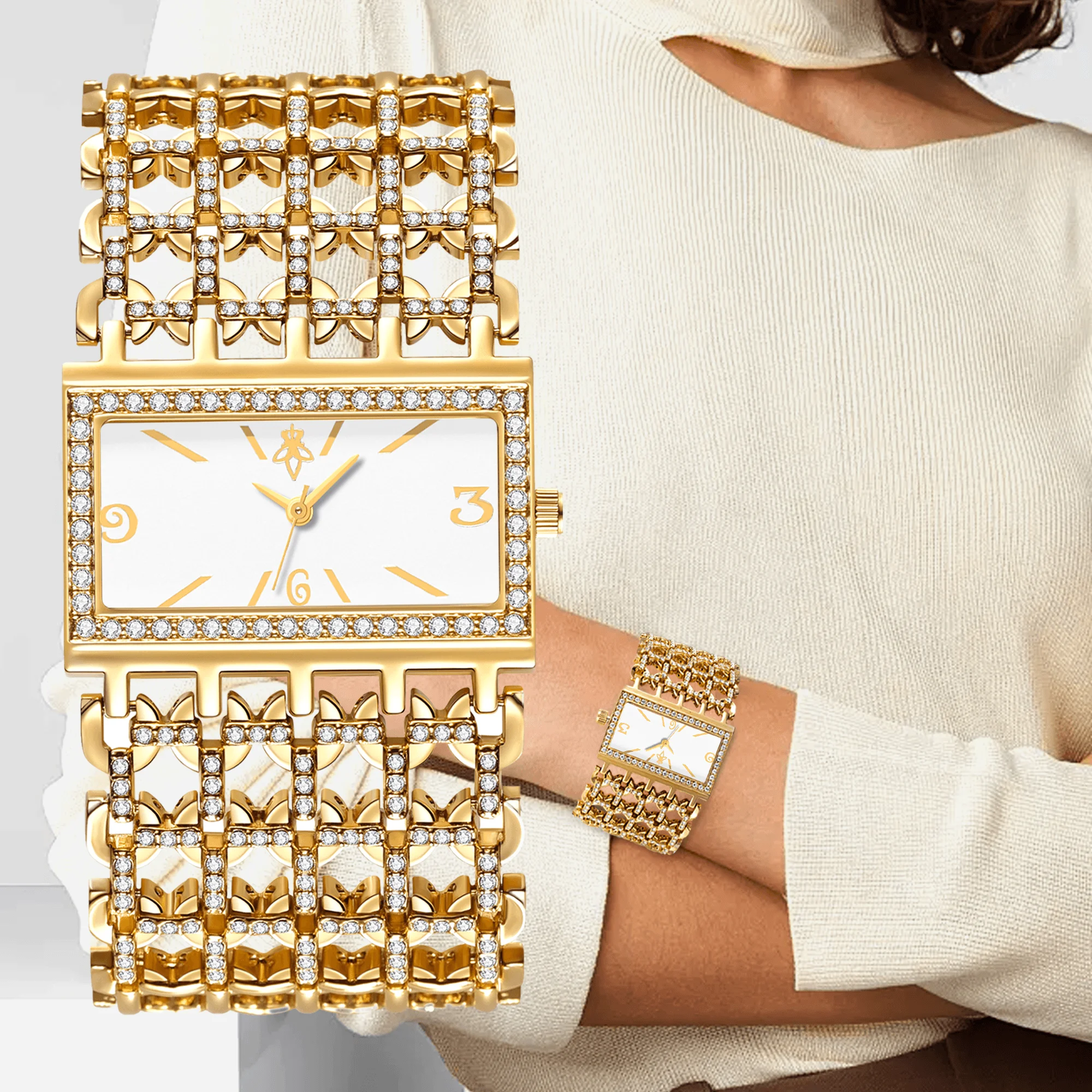 Gold Rectangle Women Watch Full Rhinestone Bezel Wide Hollow Link Bracelet Luxury Bling White Dial Fashion Ladies Quartz Dress Wristwatch For Party Wedding