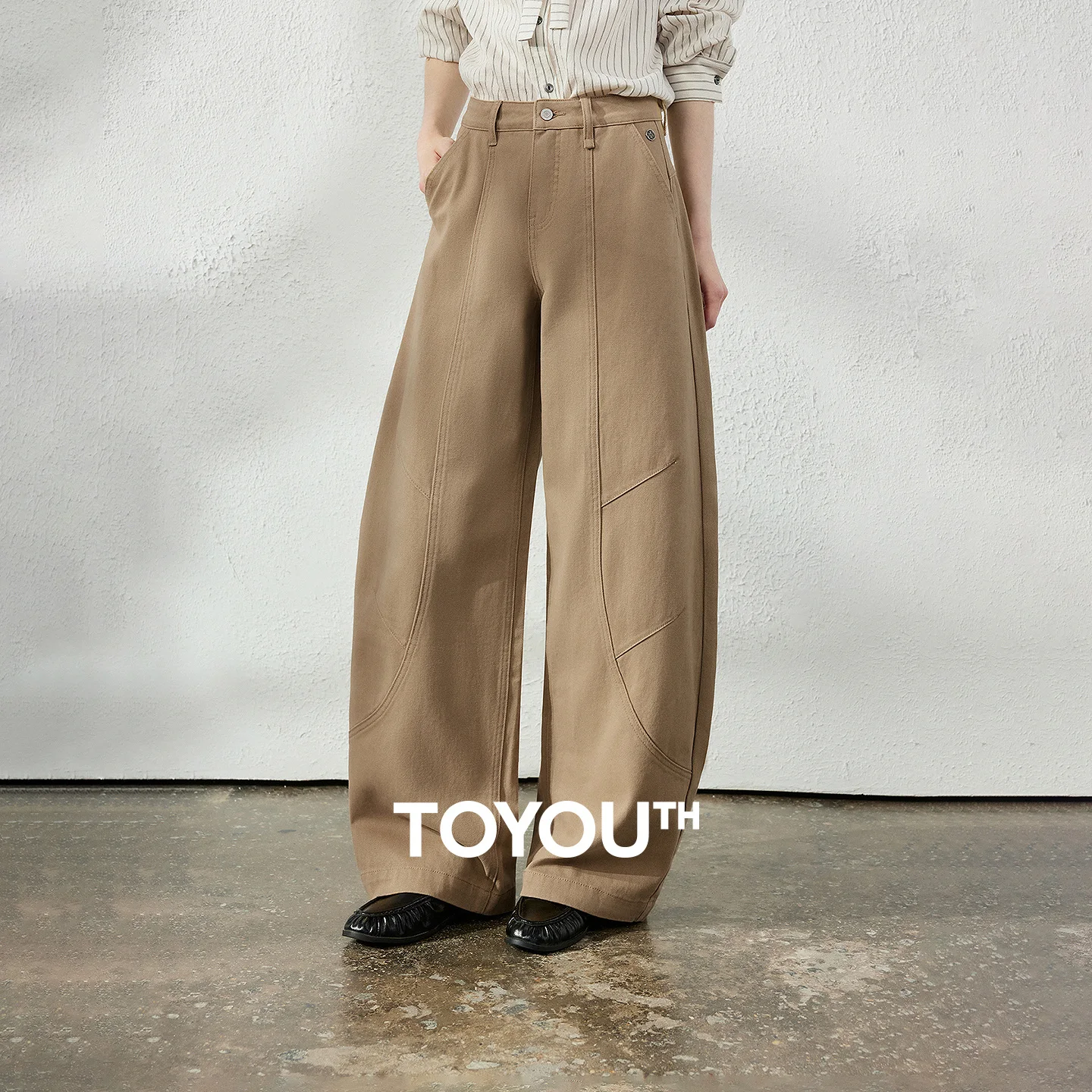 TOYOUTH Women's Curved Leg Cargo Jeans Fall 2026 Pure Cotton High Waist Split Seam Slimming Long Pants