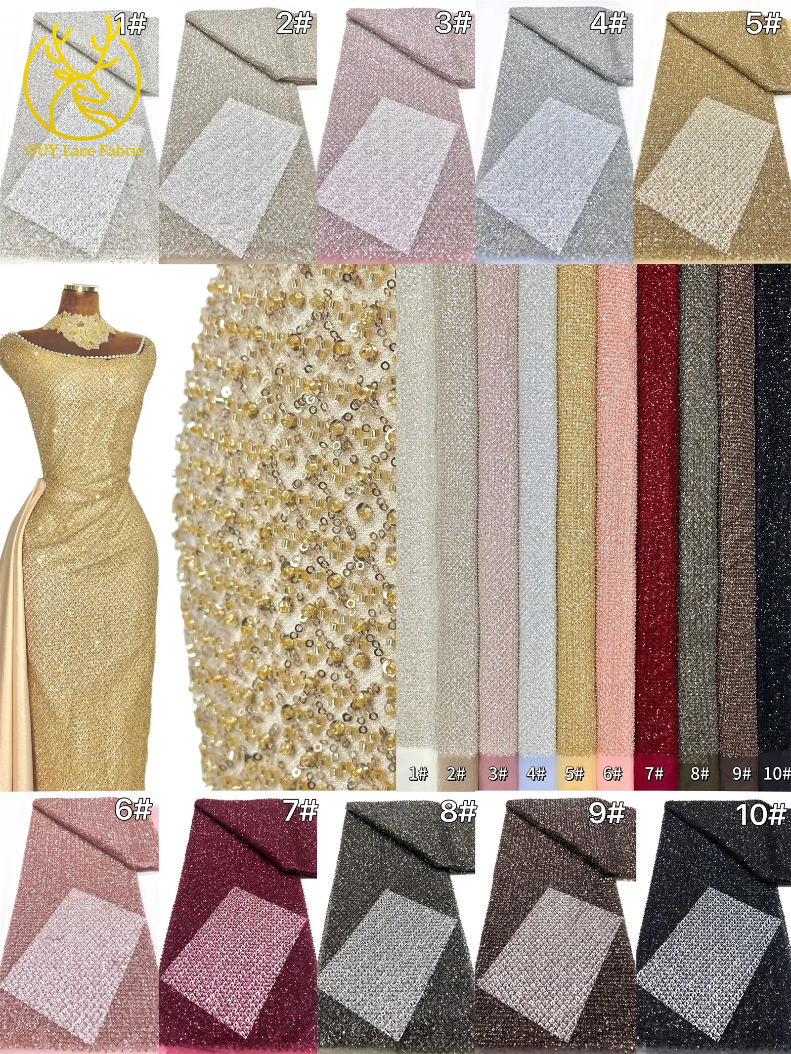 Großhandel Goldperlen-Pailletten-Spitzenstoff Hochwertiger Party-Tüll-Spitzenstoff für Hochzeitskleider Nähzubehör – Detail 3