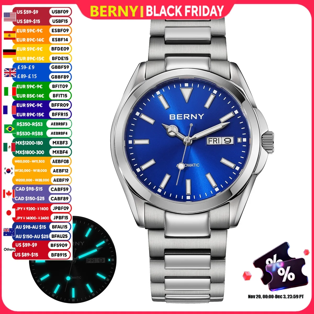 BERNY Automatikuhren für Herren, superleuchtender Wochenkalender, mechanische Armbanduhr, Saphir NH36, komplett aus Edelstahl, Herrenuhr