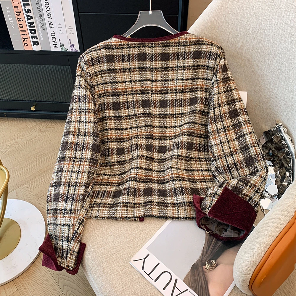 Spring and autumn plus size women's casual tweed coat loose and comfortable long sleeve V-neck blouse 2024 new clothing large