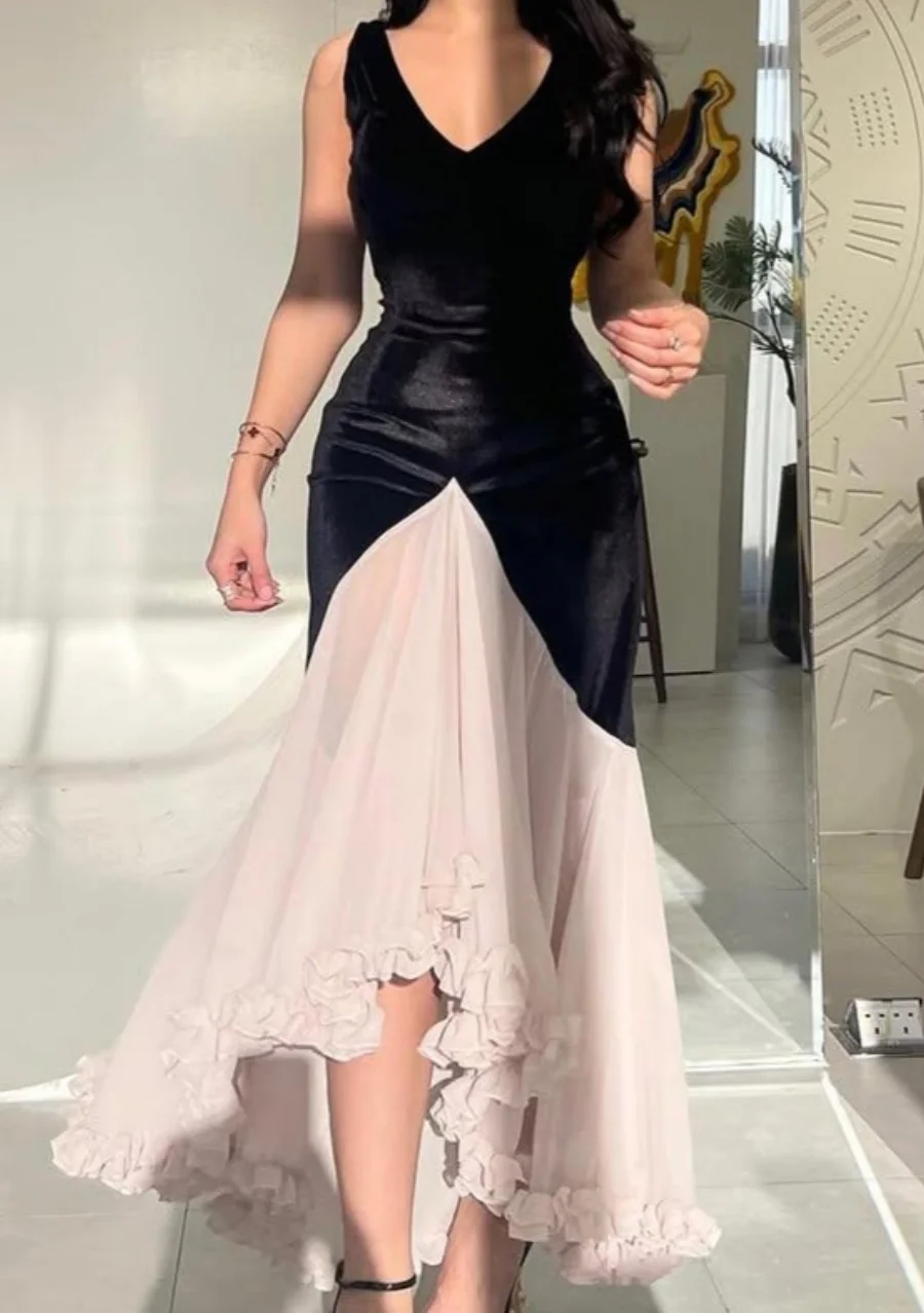 

Custom Made Elegant Dreamy V-Neck Color Blocking Evening Prom Gowns Sweet Mermaid Flower Hem Party Dresses Bridesmaid Dresses