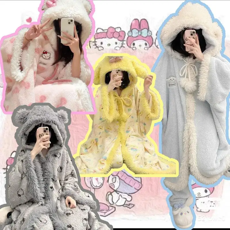 Kawaii Hello Kittys Women's Pajamas Sanrios Anime Cinnamoroll Plush Robes Cute Hooded Blanket Casual Fleece Sleepwear Girls Gift