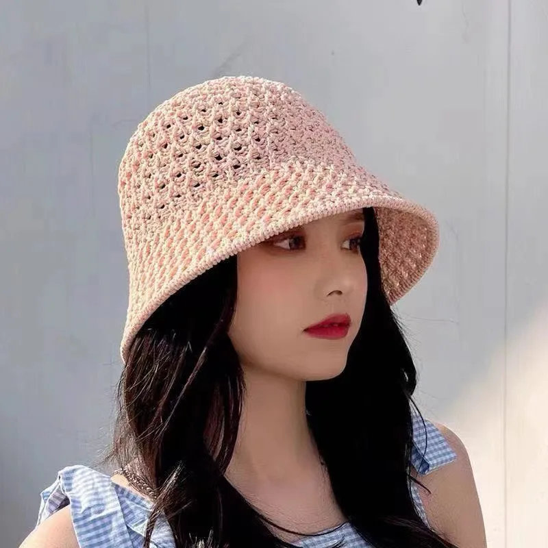 Hollow Out Knitted Bucket Hat Summer Sun Caps Women Korean Fashion Collapsible Outdoor UV Protection Camping Beach Ladies Hats