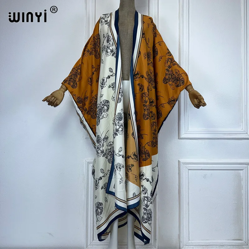 WINYI boho print Kimono loose Cardigan beach outfits cover up women kaftan evening dress long coat party dress holiday swimwear