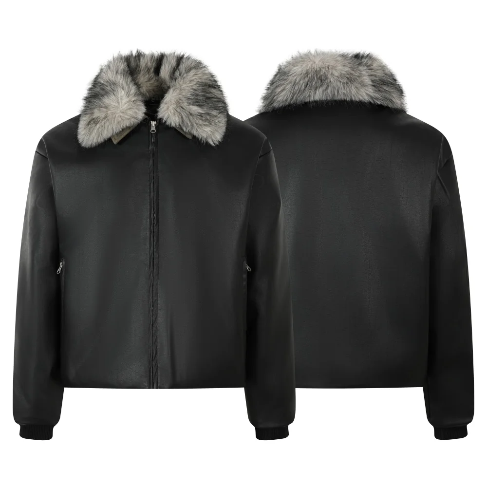 Jaqueta de couro feminina com gola de pele destacável preto moda feminina casaco de pele sintética estofamento de alta qualidade roupas de inverno mulher