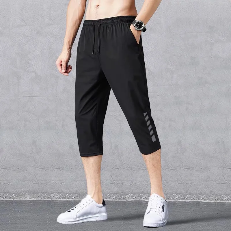 2024 Summer Men\'s Shorts Breathable Stretched Nylon Ice Silk 3/4 Short Capris Pants Sports Breeches Plus Size Casual Shorts Male