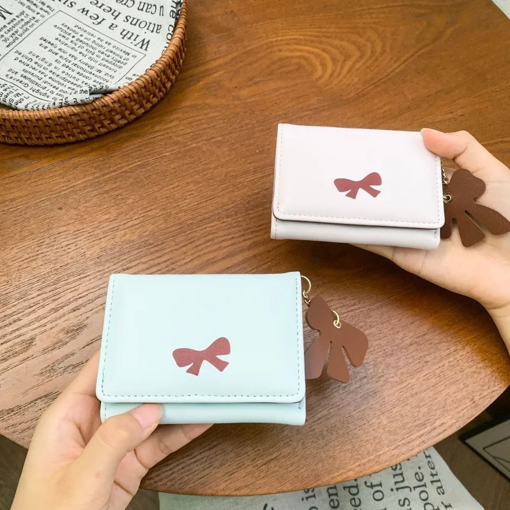 Portable Bow Card Holder Wallet Solid Color Waterproof Three Fold Purse with Bowknot Pendent PU Leather Coin Purse Gifts