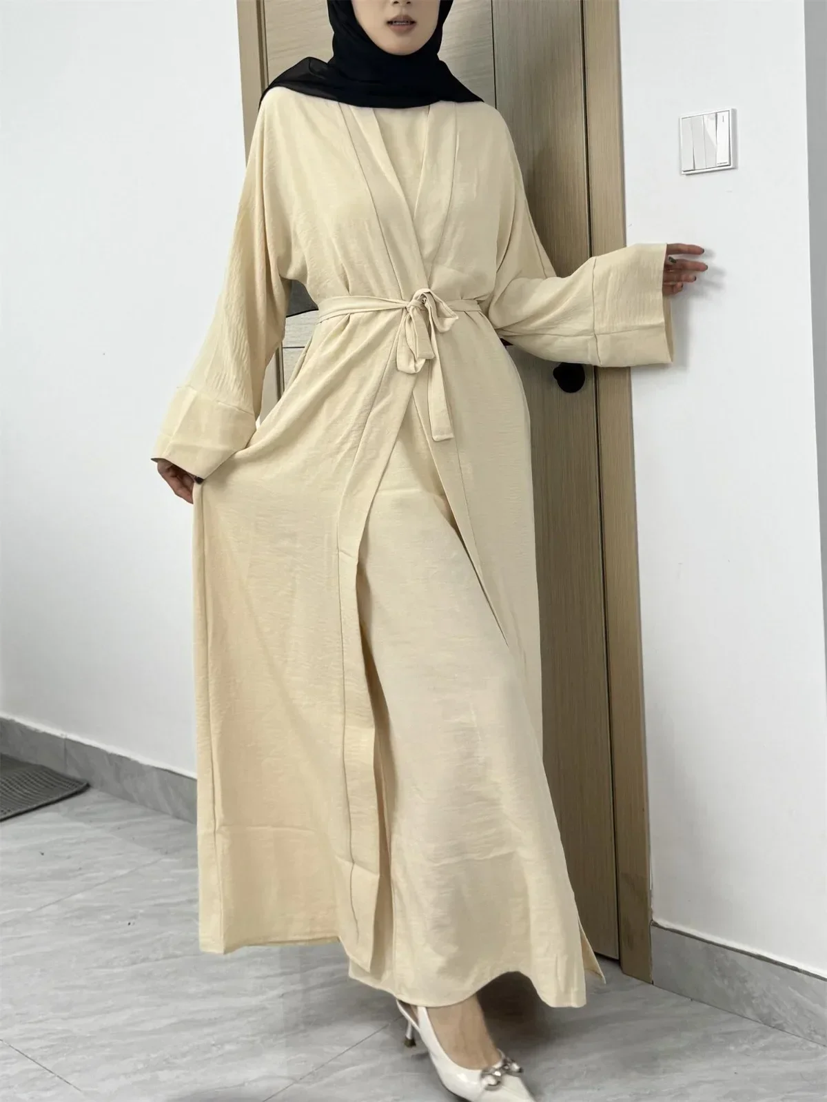 Two Pieces Women Open Front Abaya Muslim Sets Muslim Jilbab Sleeveless Inner Dress Prayer Clothing with Belt Cardigan Kaftan