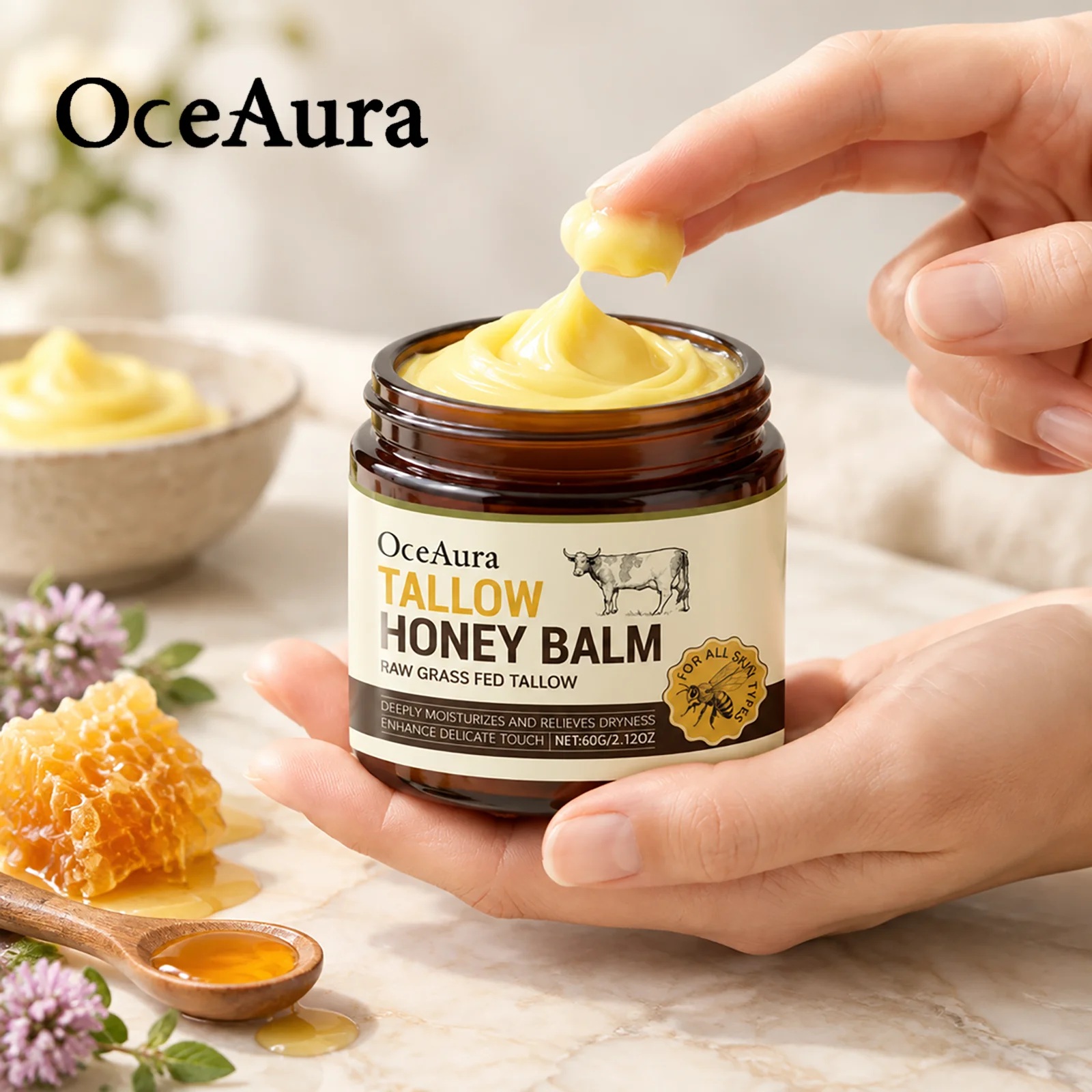 OCEAURA Organic Beef Tallow Honey Balm Lock Moisture Soften Rough Skin Smoother Texture Natural Formula Face Body Moisturizer