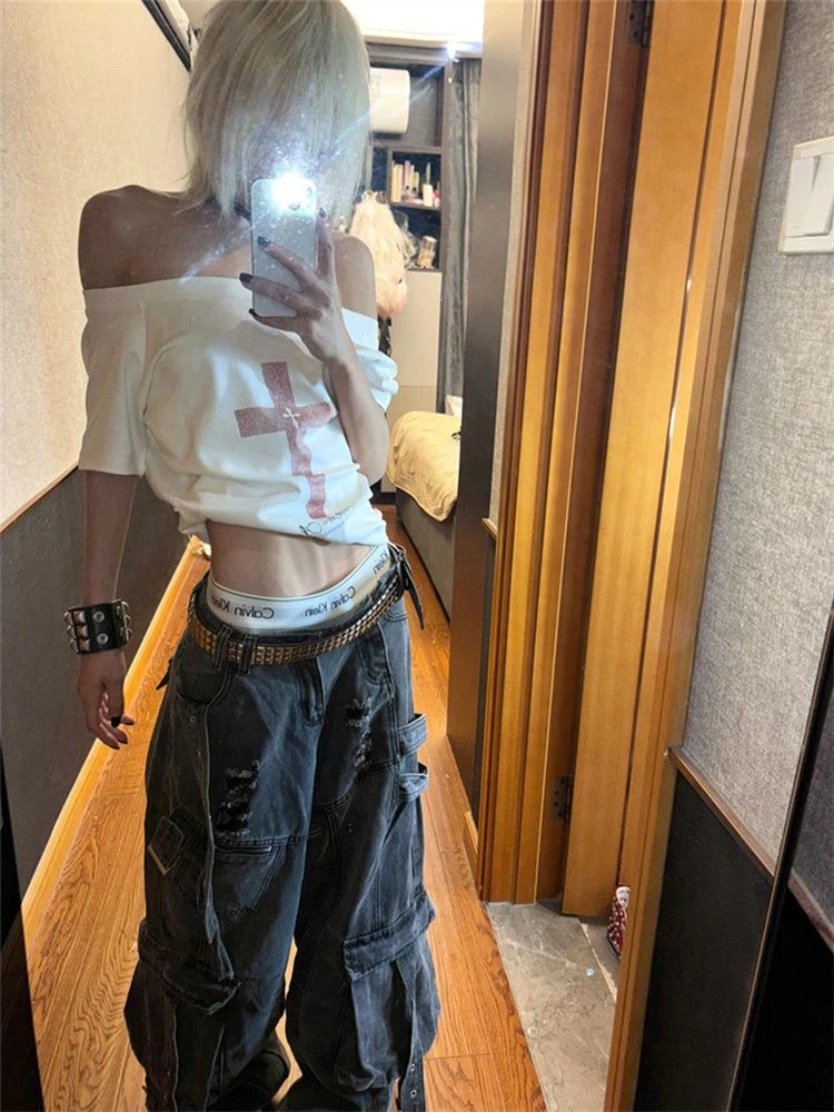 

Off Shoulder T-Shirt Christmas Gifts Womens Fake Pcs Yoga Ballet Sweet Ruffle Autumn Clothes Y2K Crop Elastic Skinny Streetwear