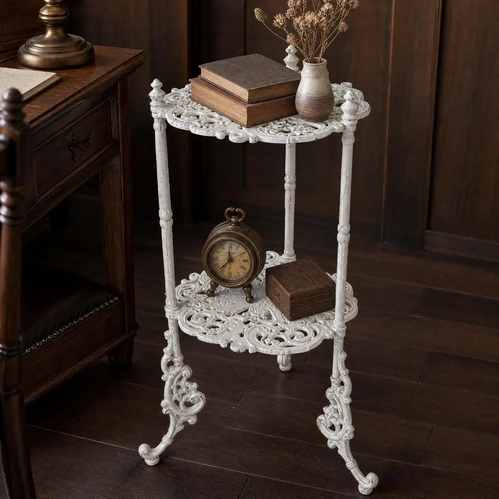 Ornate Metal Plant Stand with Scroll Detailing Freestanding Metal Plant Stand with Openwork Shelves Rack Indoor Outdoor