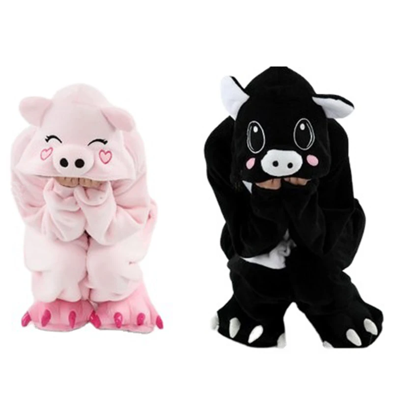 Animal Onesie Women Flannel Pajamas Set Adult Unisex Men Halloween Pig Cosplay Costume Couple Sleepwear Kids Christmas Jumpsuits