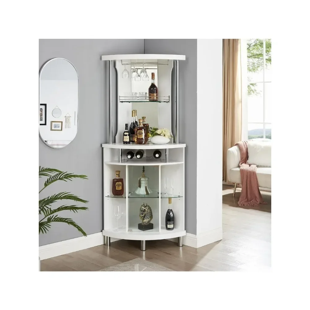 

White Corner Bar Cart 72" Built-in Wine Rack, and Lower Glass Cabinet, Living Room, Home Office, Kitchen, Small Space