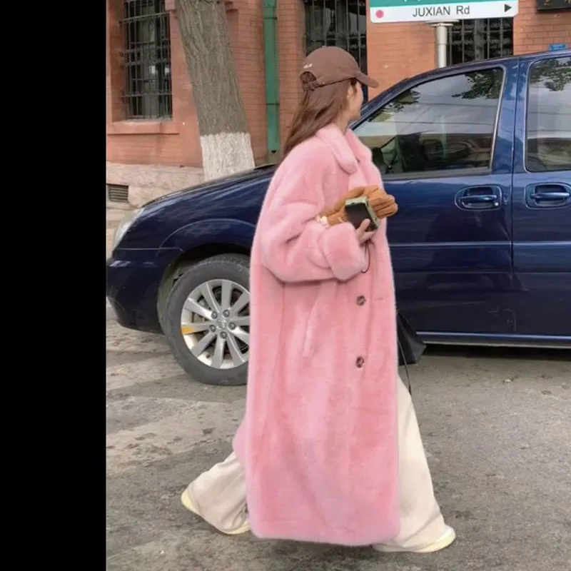 2025 가을 겨울 파카 두꺼운 롱 슈트 칼라 인조 밍크 퍼 원피스 재킷 친환경 퍼 코트 여성 아우터