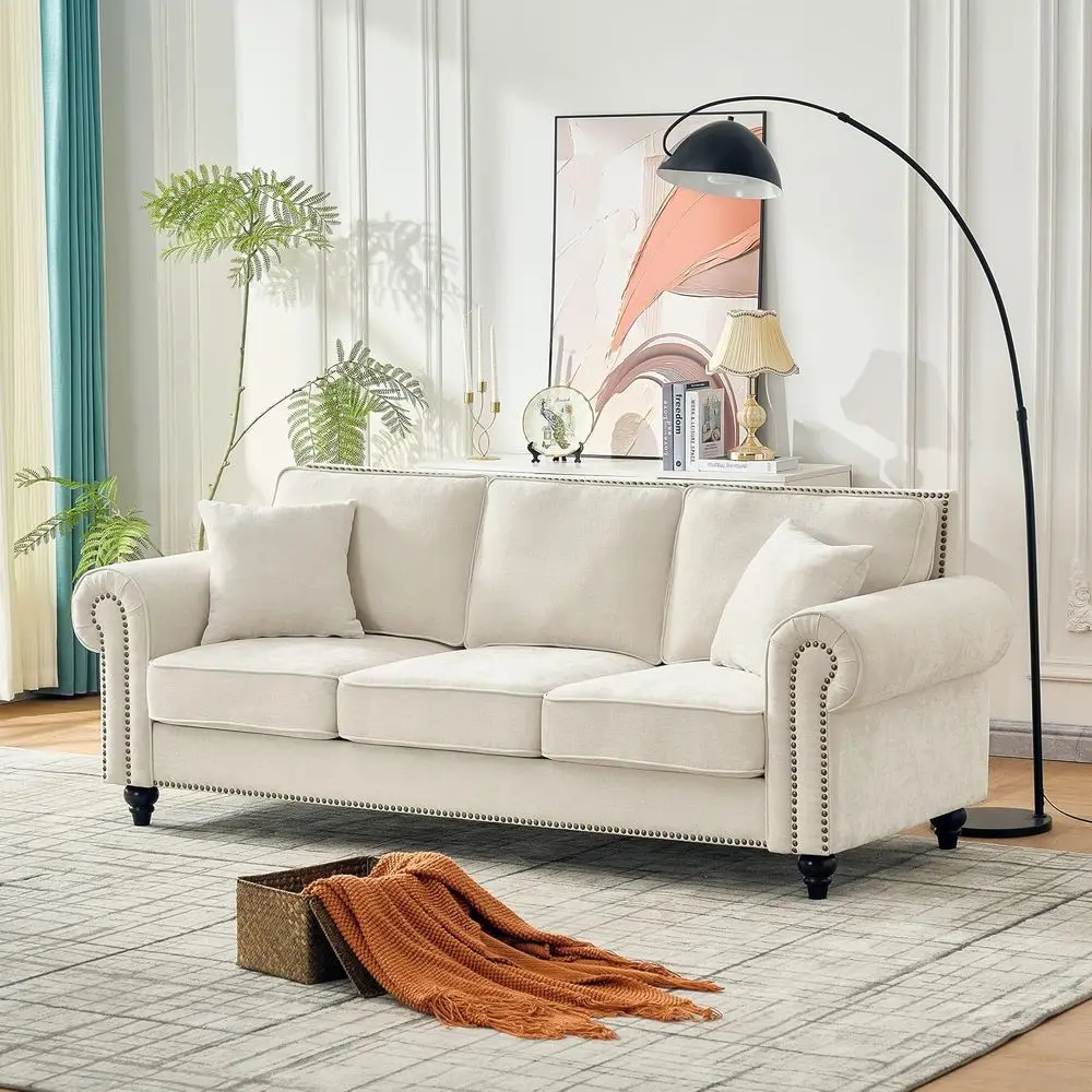 

Classic 3-Seater Chenille Sofa in Chesterfield Style with Rolled Arms, Nail Trim, and Solid Wood Frame | Beige Upholstered Livin