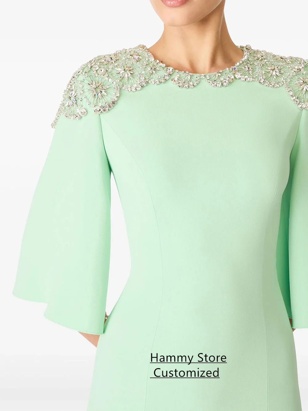 Abito da sera a sirena menta personalizzato girocollo mezze maniche perline cristallo lunghezza pavimento abito da festa arabo abiti da ballo