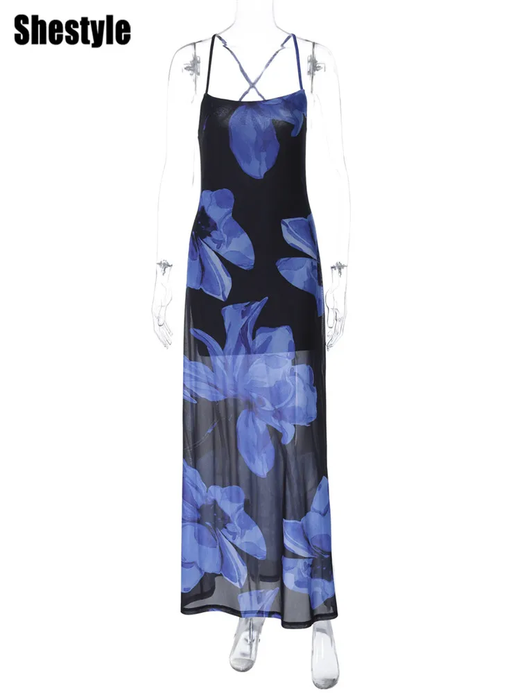 Shestyle الأزرق زهرة فستان طويل ملابس للنساء عارية الذراعين طبقة مزدوجة شبكة السباغيتي حزام ضمادة مرنة بلا أكمام الزي