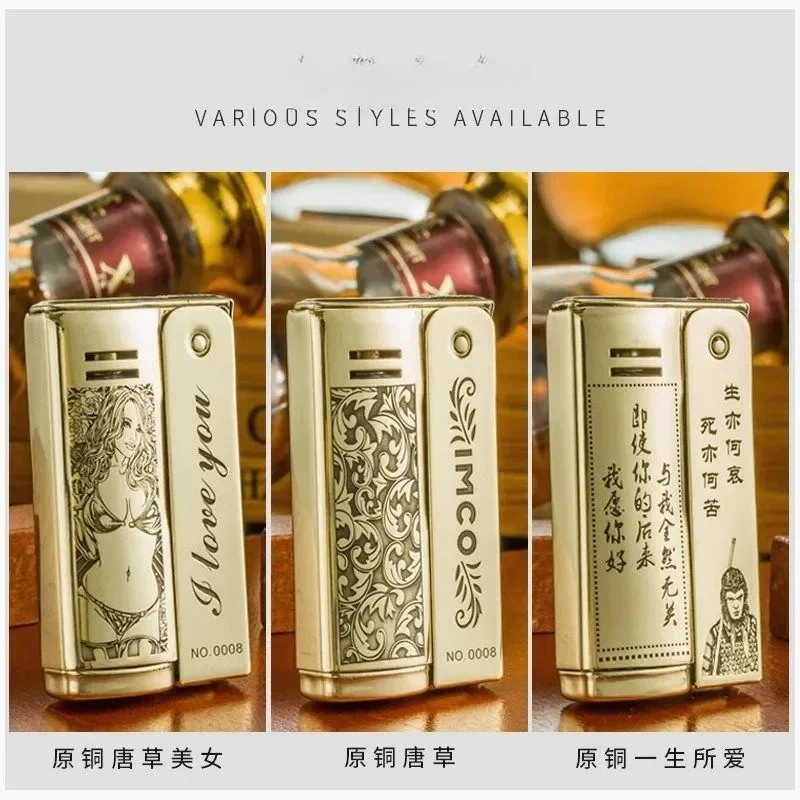 IMCO Laser Engraved Pattern Kerosene Lighter Brass Windproof Personalized Creative Grinding Wheel Lighter