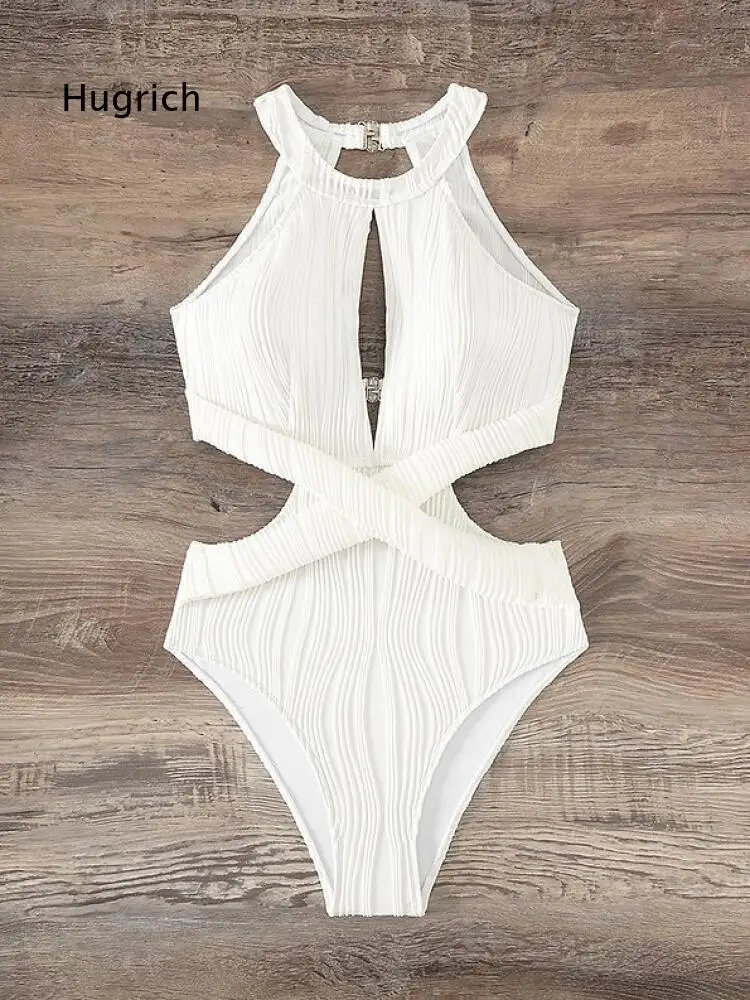 Summer Beach One Piece Swimsuit For Women Halter Neck Keyhole Cutout Cross Wrap Waist Textured Fabric Swimming Costume