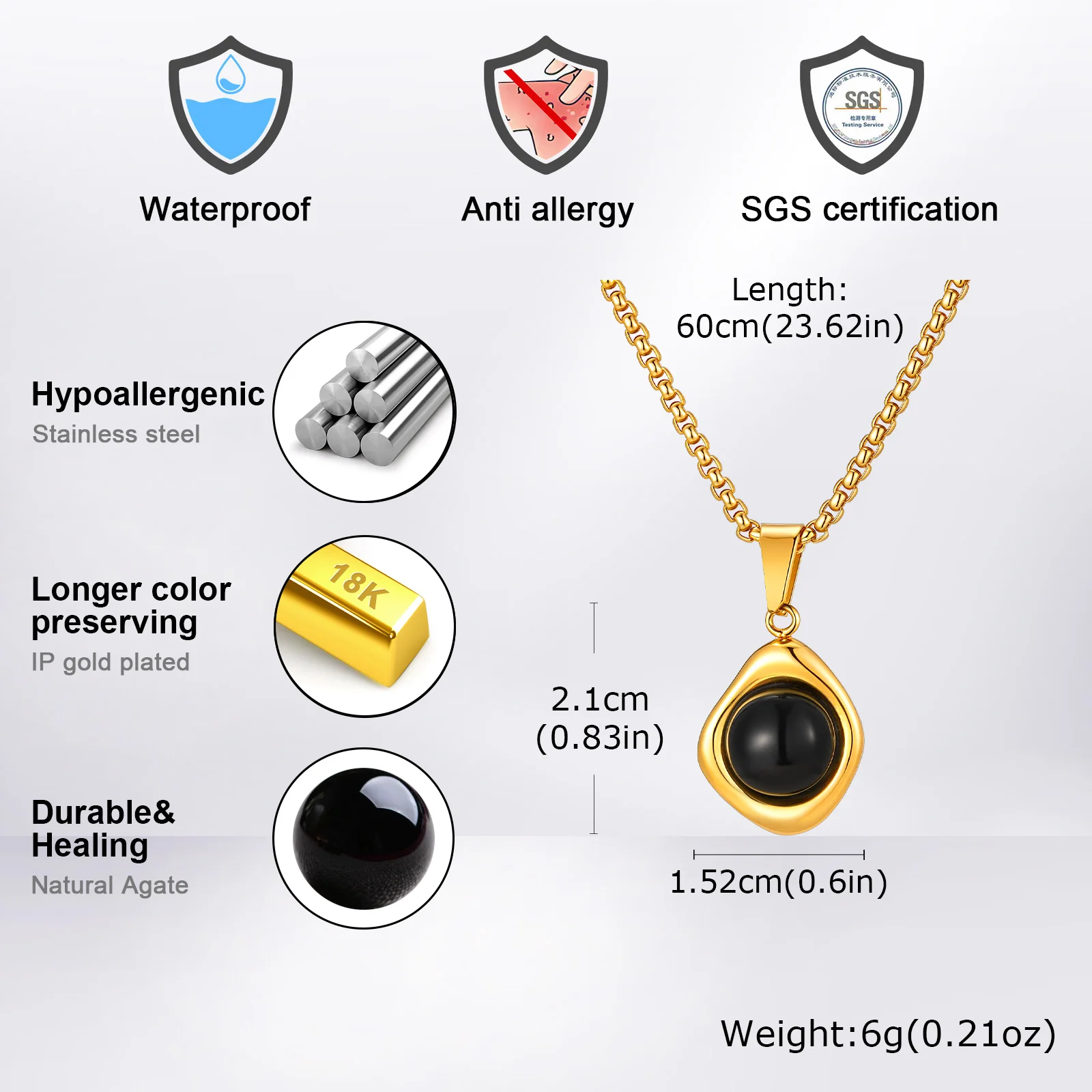 Klassische Mode Runde Natürliche Achat Tigerauge Stein Halskette für Männer, Edelstahl Unregelmäßige Anhänger Halskette, Punk Schmuck – Detail 11