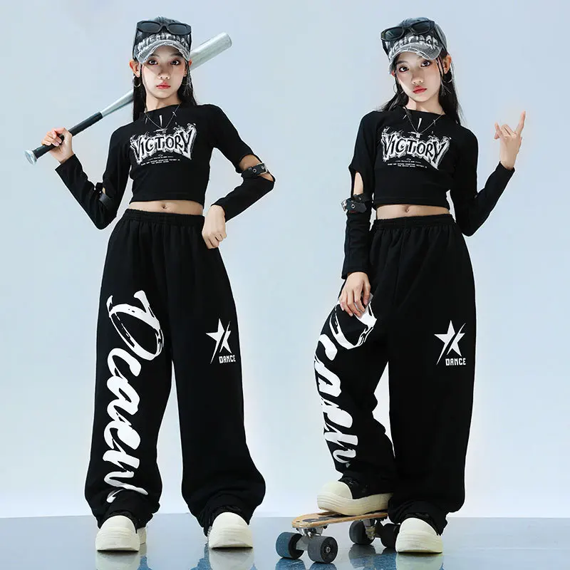 زي رقص هيب هوب للأطفال، نموذج فتاة، أكمام طويلة، نمط عصري، طقم بنطلون أسود