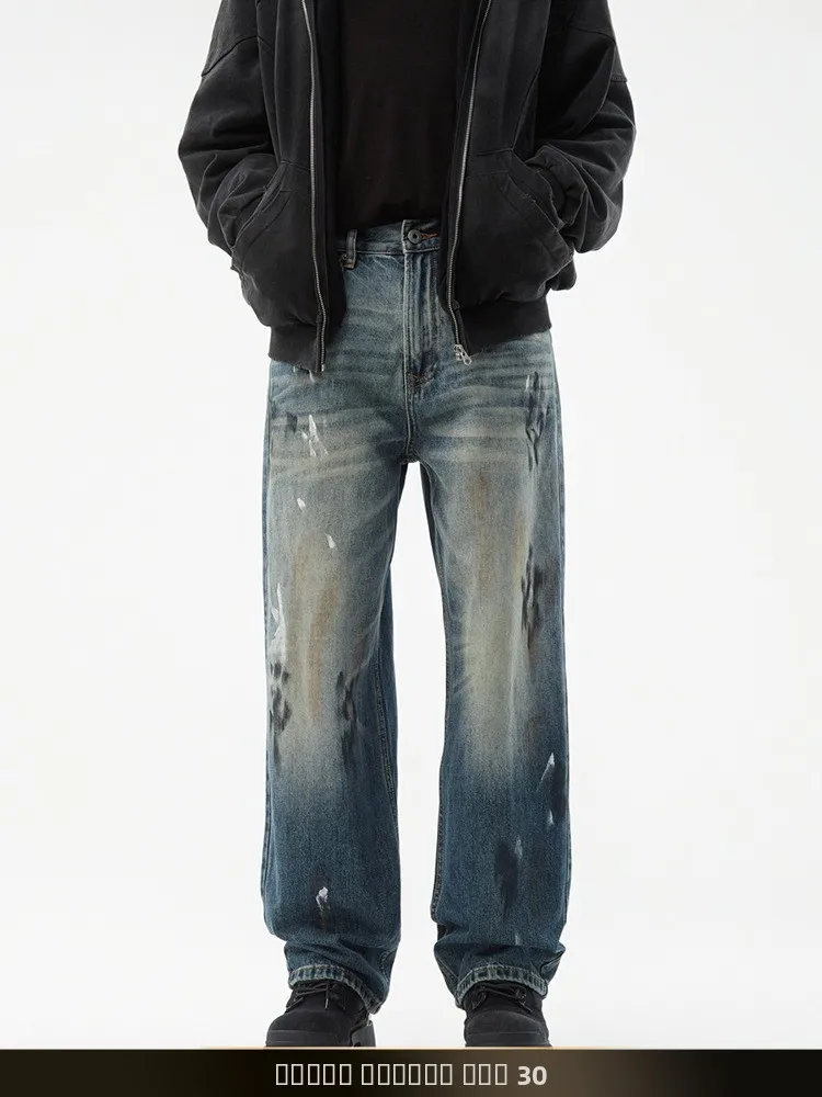 

Retro American Washed Vibe Splatter Denim Jeans Summer High Street Versatile Straight Leg Wide Leg Workwear Trousers