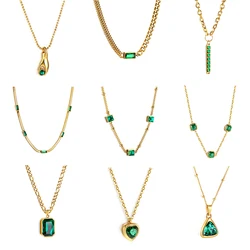 Vintage Green Stanless Steel Jewellery Pendant Necklace Cubic Zirconia Link Chain Choker Necklace Gold Plated Jewelry Gifts