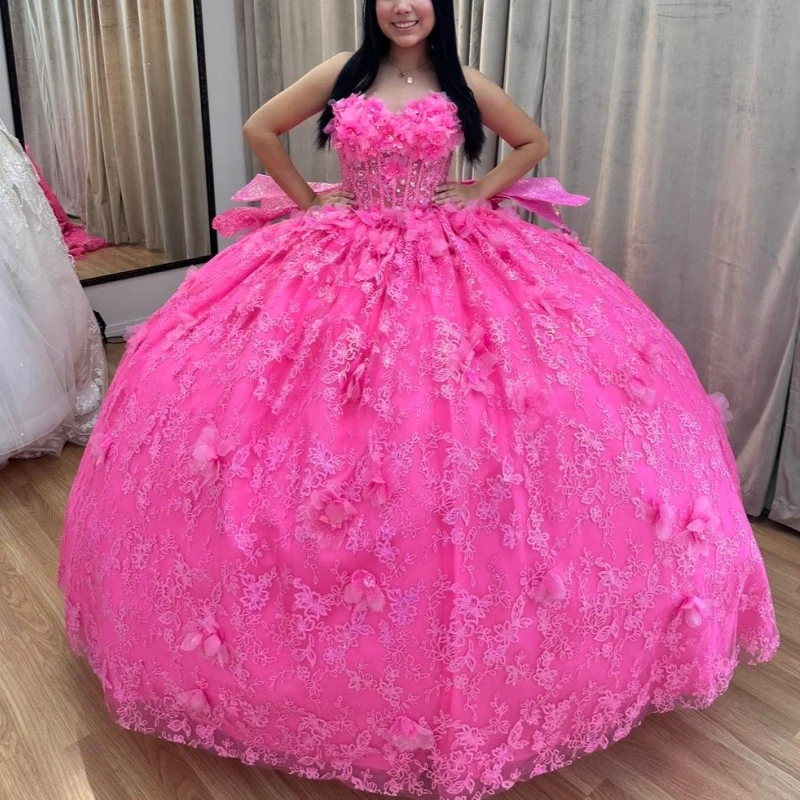 

Rose Red Shiny Ball Gown Quinceanera Dresses Off The Shoulder Applique Flower Beading Crystal Bow Tull Party Birthday Sweet 16