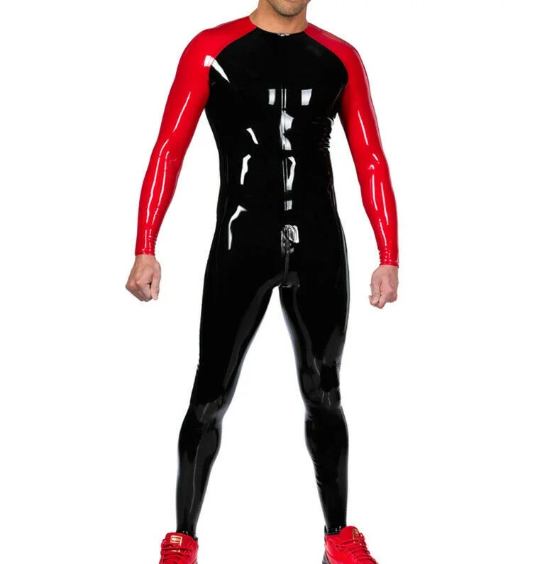 

Masquerade PartyRubber 100%Rubber Club Latex Catsuit Gummi Cosplay Rot schwarz Rennanzug Bodysuit 0,4mm Party