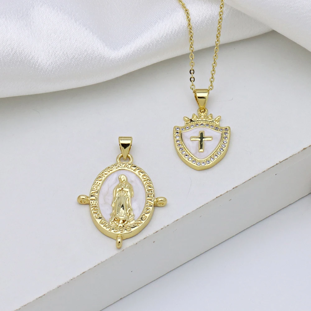 5 pcs/Lot Gold Plated Brass Shell CZ Oval Virgin Mary Shield Cross Pendant Chain Necklace Religious Catholic Clavicle Jewelry