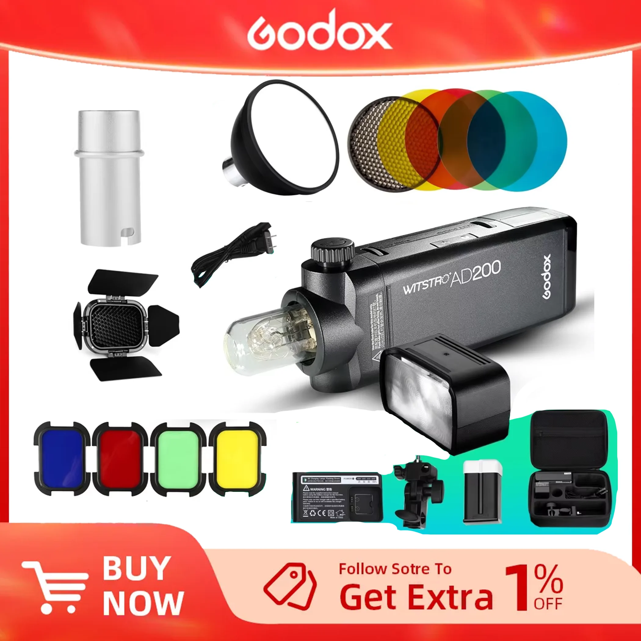 Godox AD200 Speedlite Flash Kit 200Ws 2.4G TTL Pocket Flash Strobo dengan 1/8000 HSS 2900MAh Baterai Lithium Bare Bulb BD-07
